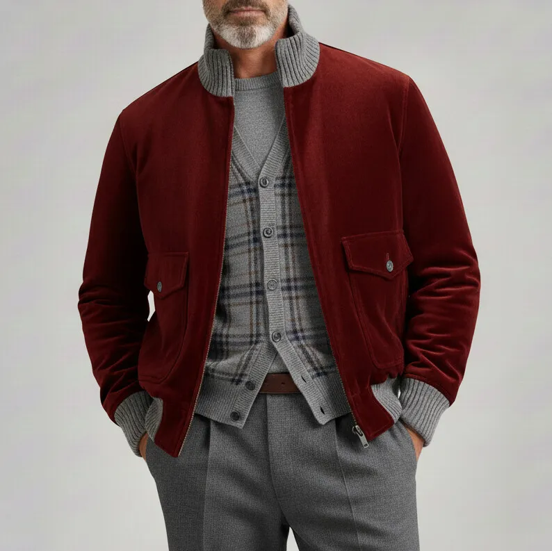 Men's Burgundy Stand Collar Long Sleeve Flap Pocket Zipper Velvet Jacket
