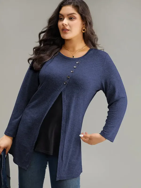 Contrast Patchwork Crew Neck Button Detail T-Shirt