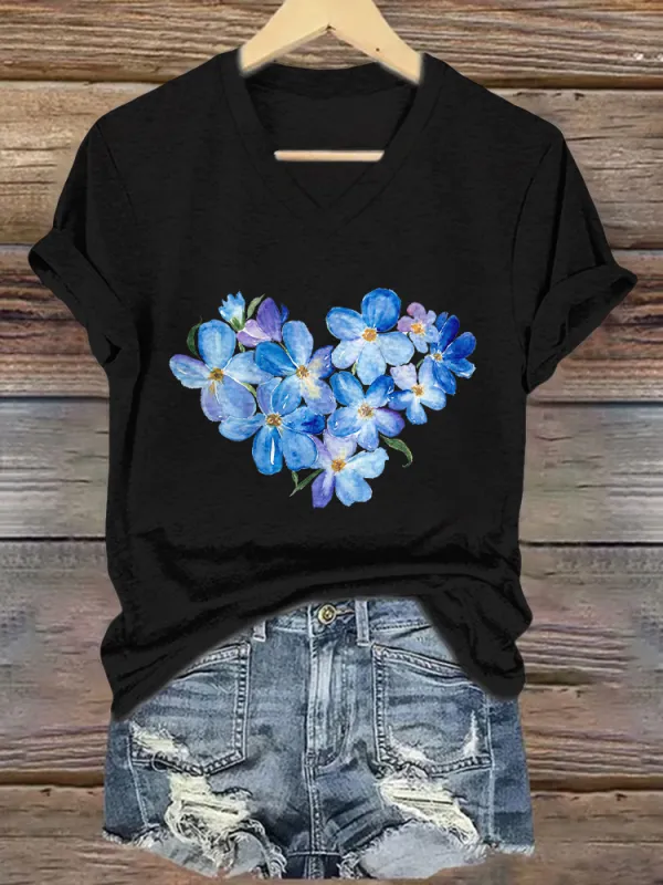 Women'S Heart-Shaped Flower Printed Alzheimer'S Awareness V-Neck T-Shirt