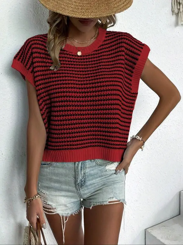 Women's Striped Print Round Neck Knit Top, Vacation Clothes