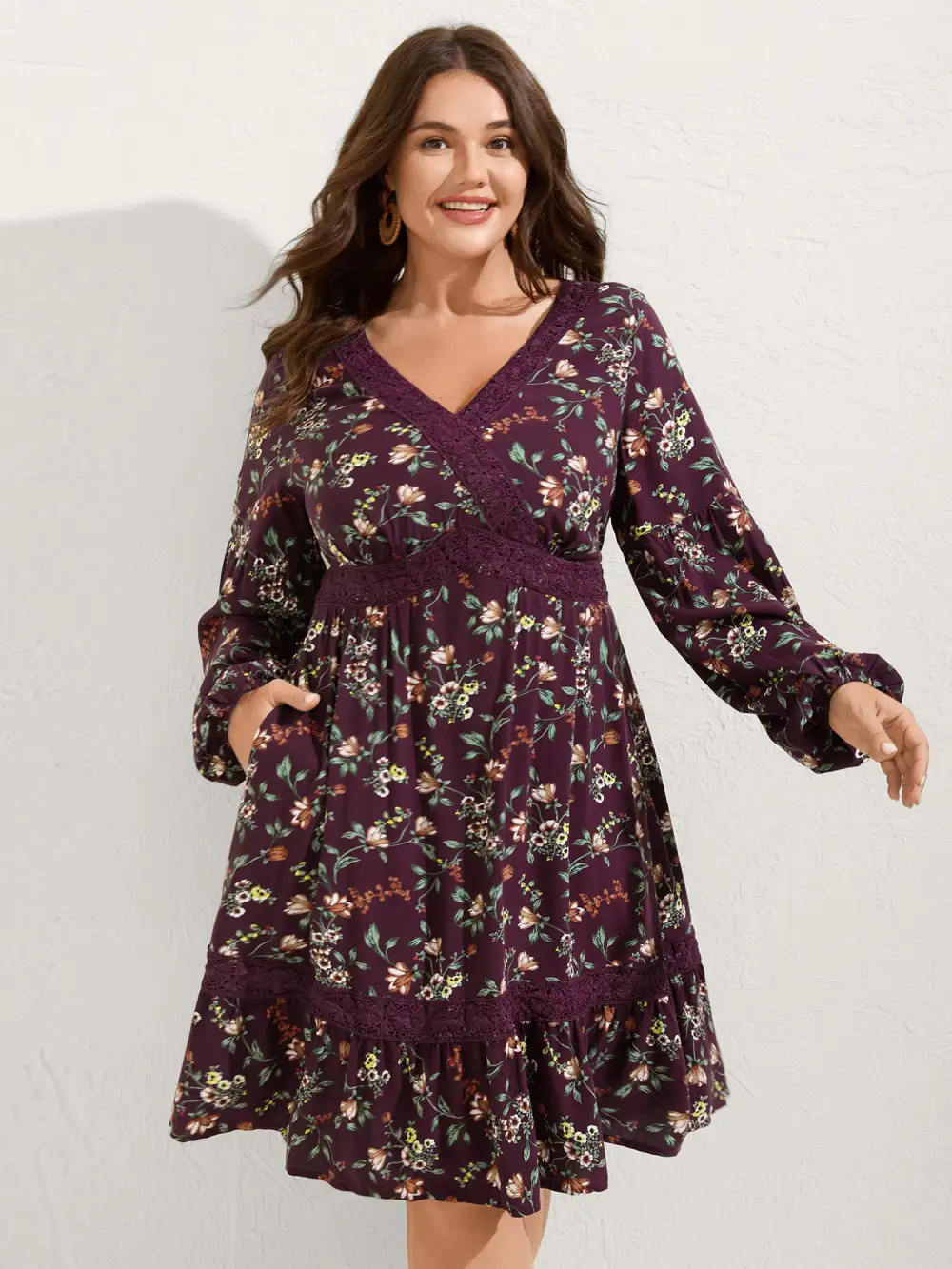 Supersoft Floral Print Lace Trim Knee-Length Dress