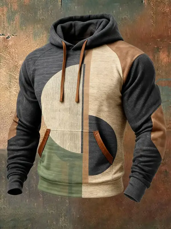 Men's Retro Distressed Color Block Print Casual Long Sleeve Sweatshirt