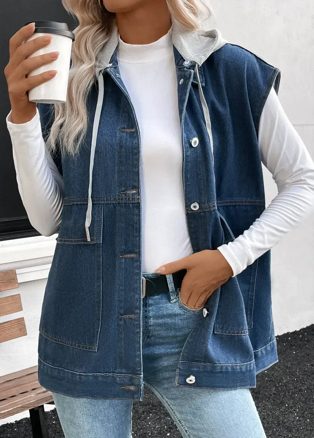 Denim Blue Patchwork Sleeveless Hooded Waistcoat