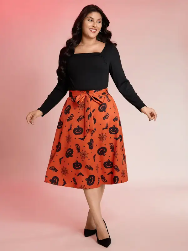 Pumpkin Print Belted Maxi Skirt