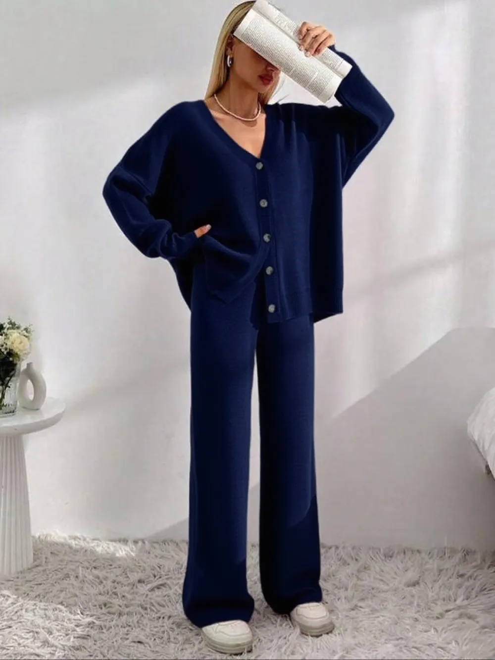 Women's V-Neck Button Cardigan & Wide-Leg Pants Set