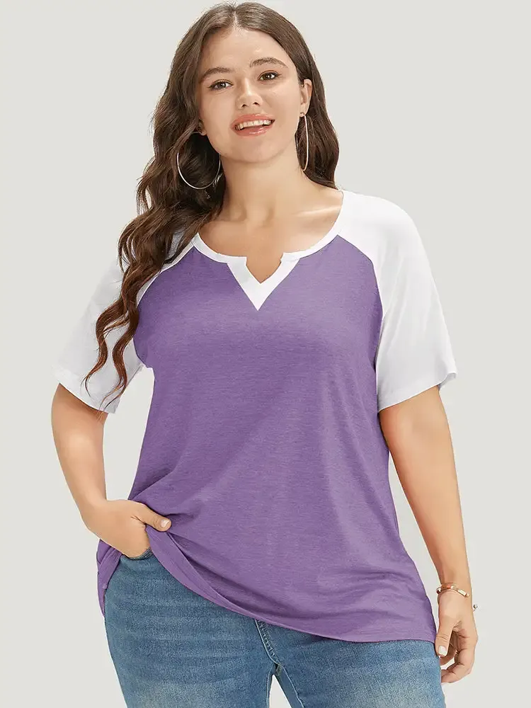 Colorblock Contrast Notched Raglan Sleeve T-shirt