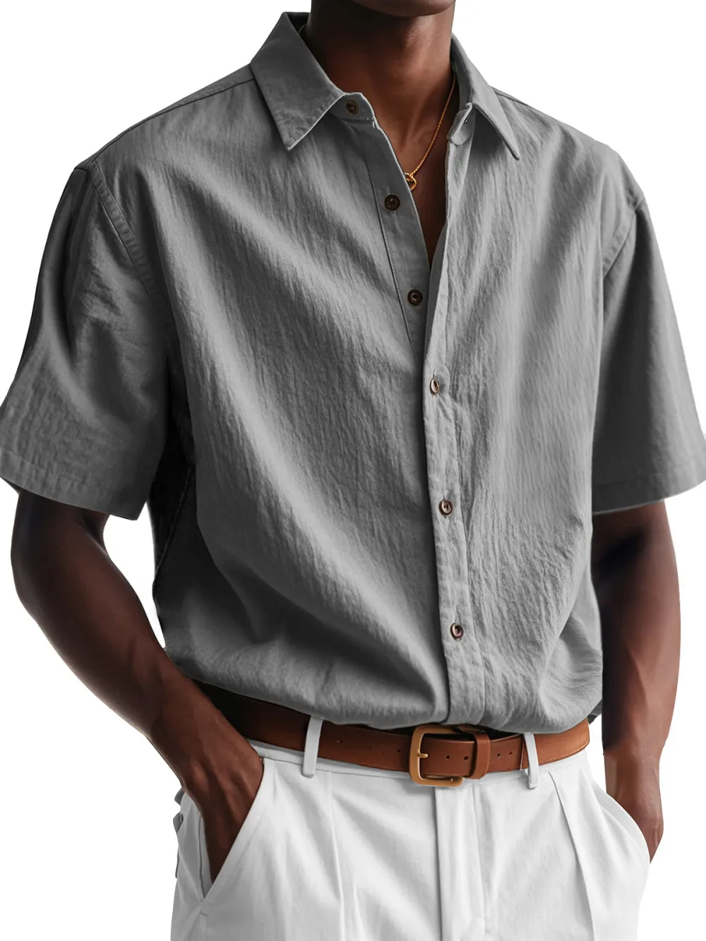 Men's Fashion Casual Pleated Fabric Short Sleeve Lapel Shirt