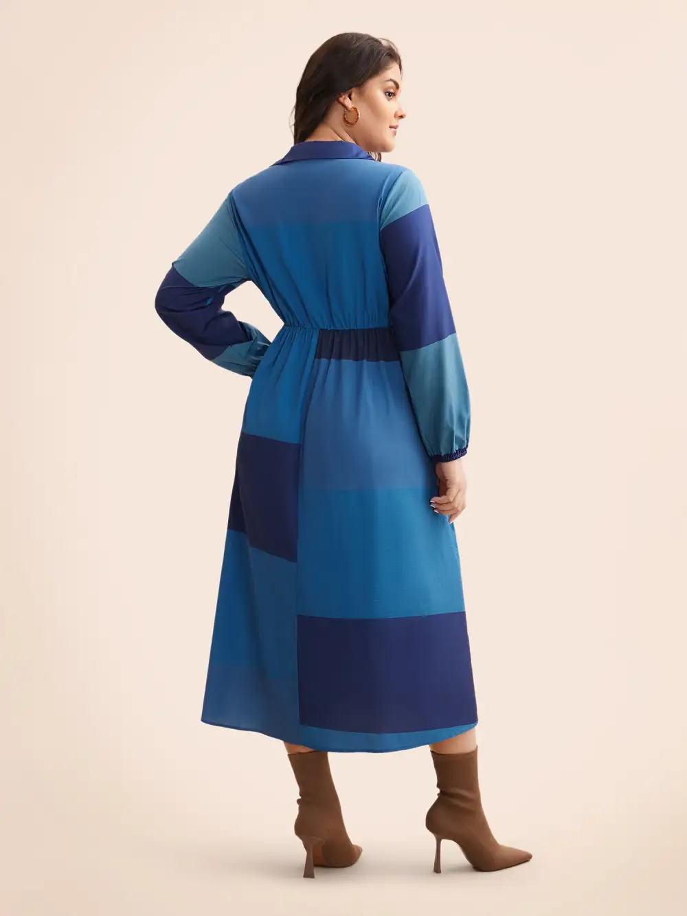 Shirt Collar Colorblock Contrast Midi Dress