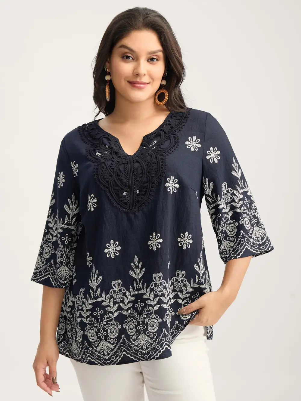 Boho Print Lace Neck Blouse