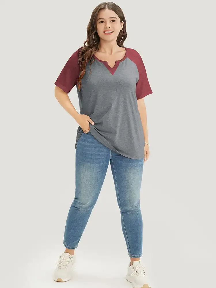 Colorblock Contrast Notched Raglan Sleeve T-shirt