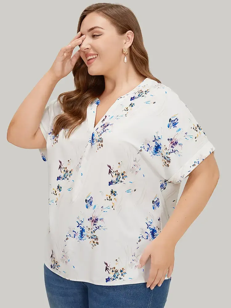 Floral Roll Batwing Sleeve Notched Neck Blouse