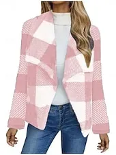 Women's Fleece Jacket Casual Jacket Comfortable Breathable Print Casual Plaid Vacation Street Casual Daily Wear Open Front Long Turndown Regular Fit Long Sleeve Outerwear Black And White Black Pink