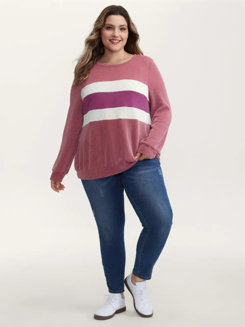 Color Stripes Spliced Knit Sweatshirt