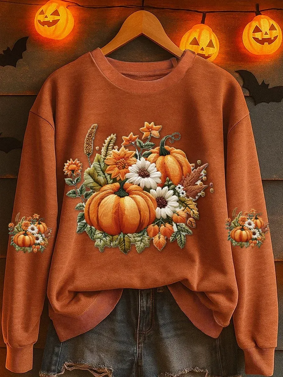 Women's Pumpkin Floral Print Casual Sweatshirt