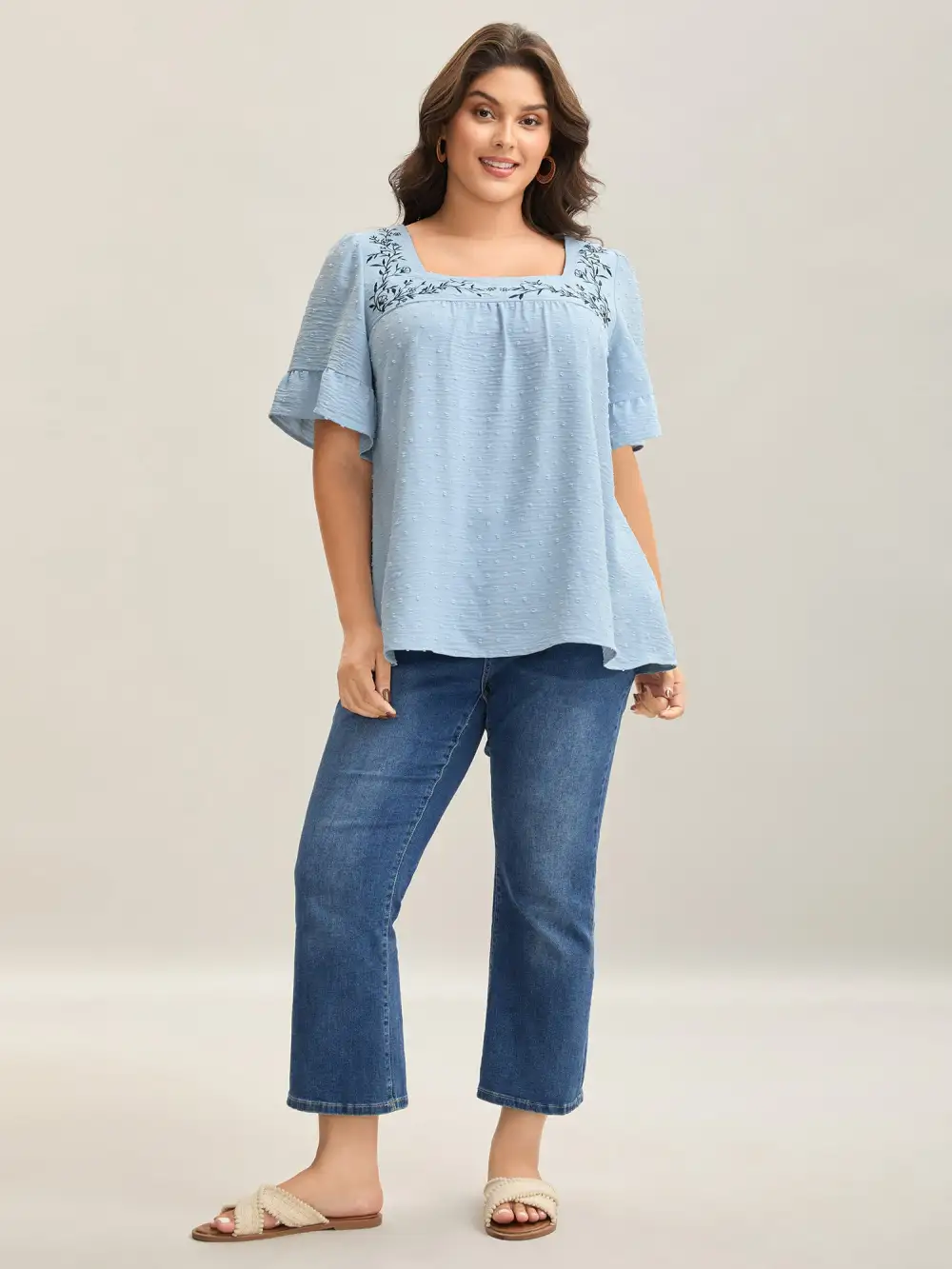 Textured Floral Embroidered Flared Sleeve Shirt