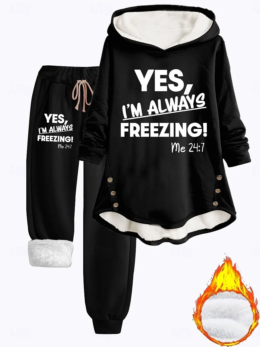 Women's 2 Pieces Loungewear Set Hoodie and Joggers Casual Cold Weather Phrase Print with Fleece Lining Cozy Fit Winter