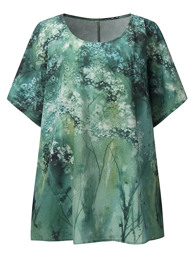 Women's Plus Size Shirt Blouse Yellow Pink Blue Graphic Floral Print Short Sleeve Daily Vacation Weekend Vintage Basic Holiday Crew Neck Regular Fit Dolman Sleeve Summer Spring