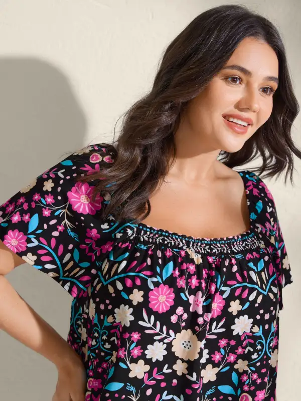 Colorful Floral Print Shirred Neck Blouse