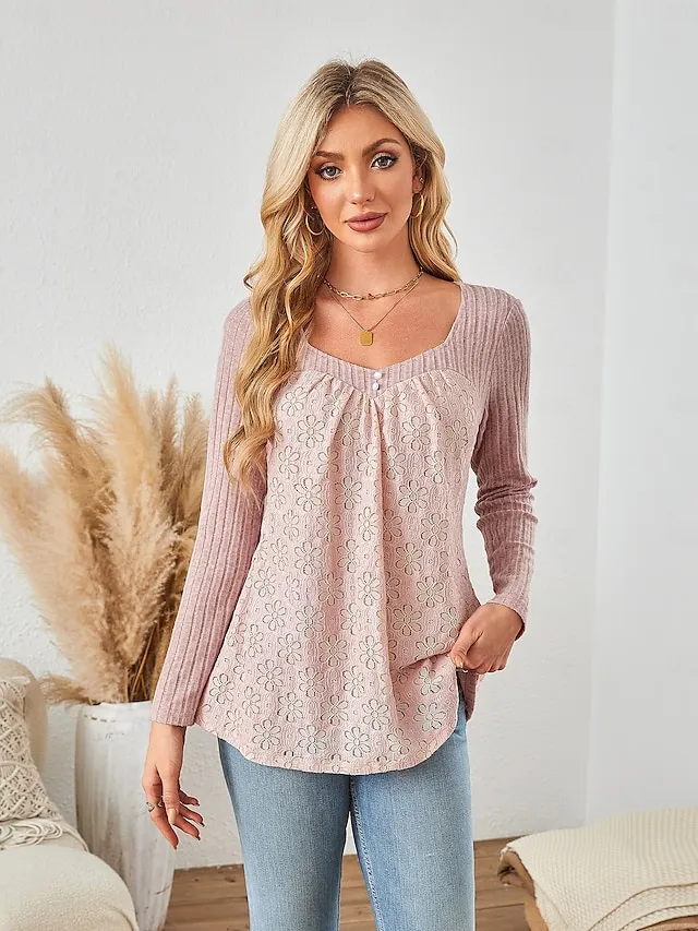 Women's Blouse Textured Ribbed Solid Color Eyelet Daily Elegant Stylish Puff Sleeve Long Sleeve