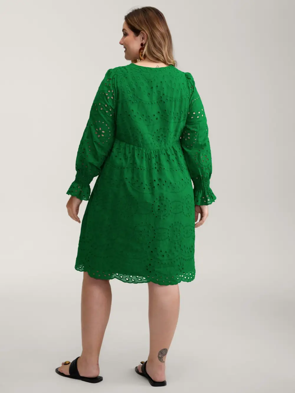 Eyelet Embroidery Shirred Cuffs Midi Dress