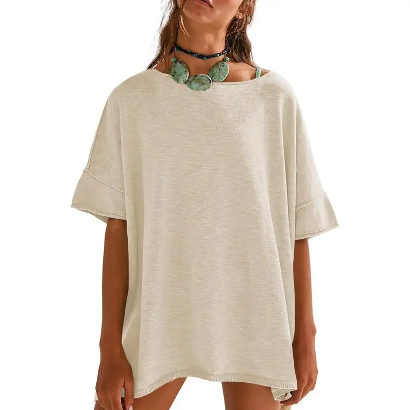 Women's Oversized Crew Neck Side Slit T-Shirt – Casual, Loose-Fit Summer Top