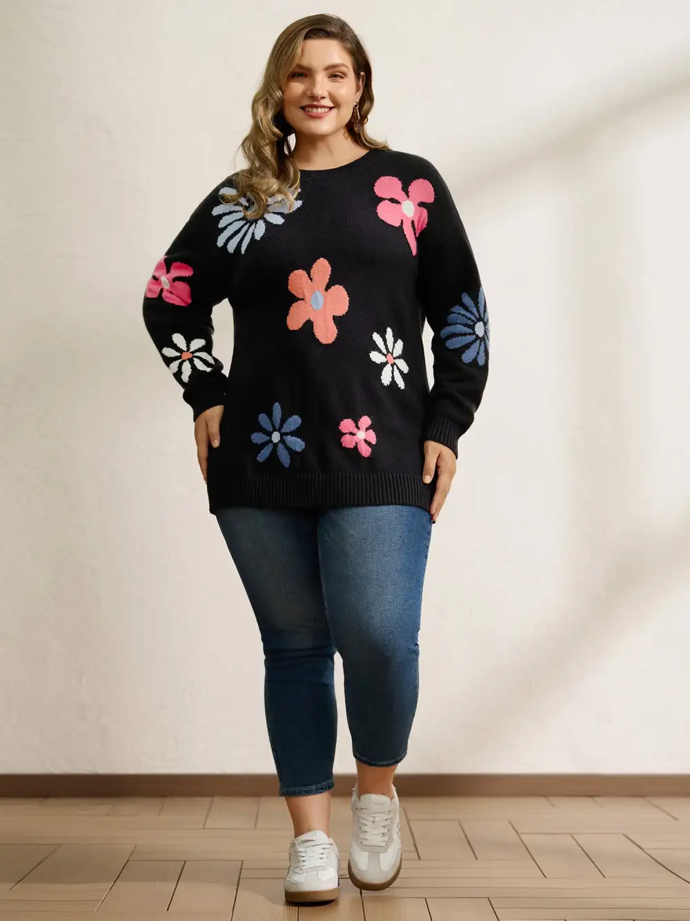 Large Flower Jacquard Pattern Pullover