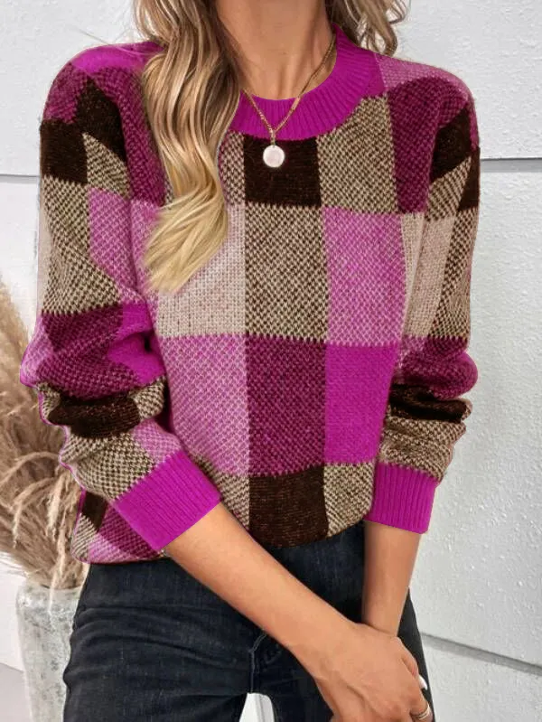 Casual Cotton Plaid Pattern Drop Shoulder Sweater