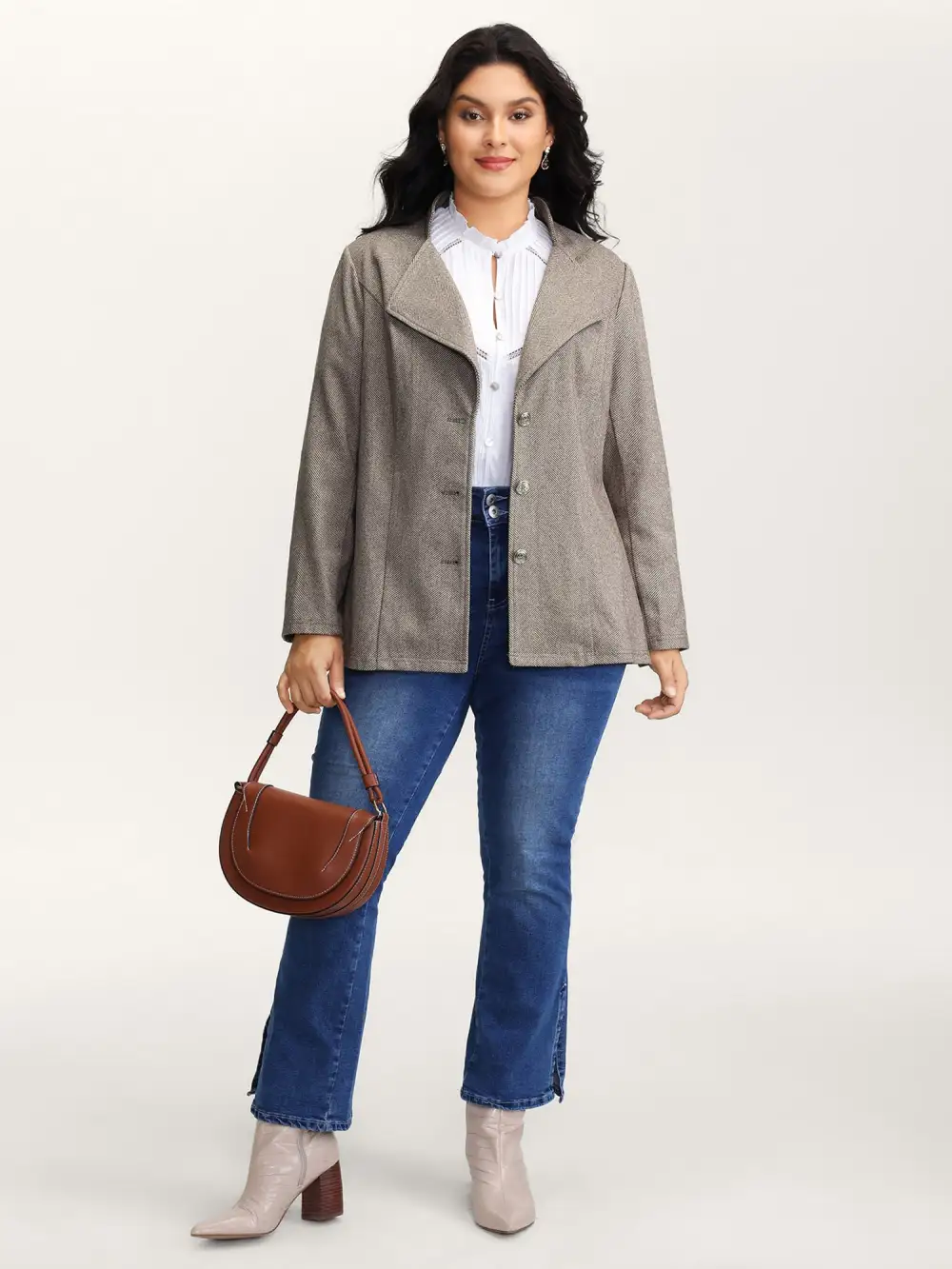 Herringbone Pattern Cinched-Waist Jacket