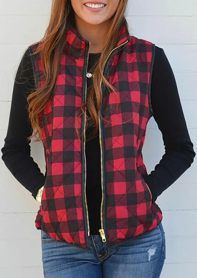 Plaid Pocket Sleeveless Vest Coat without Necklace
