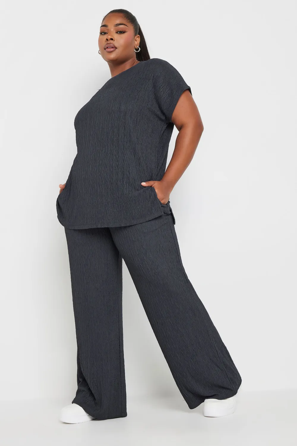 YOURS Curve Pink Crinkle Plisse Wide Leg Trousers