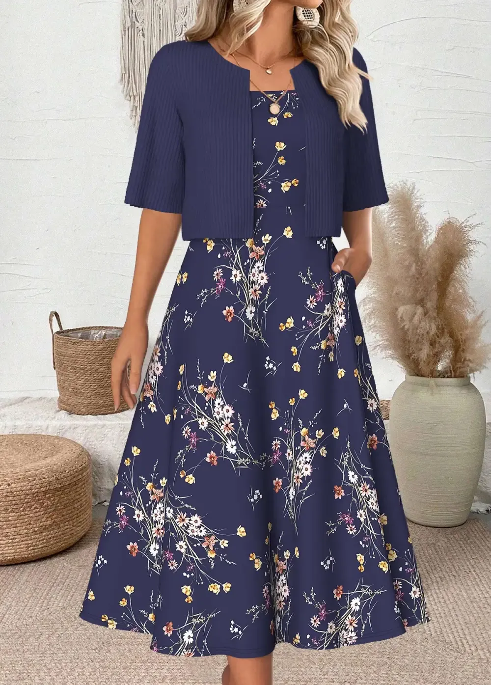 Navy Floral Print Half Sleeve Dress and Cardigan