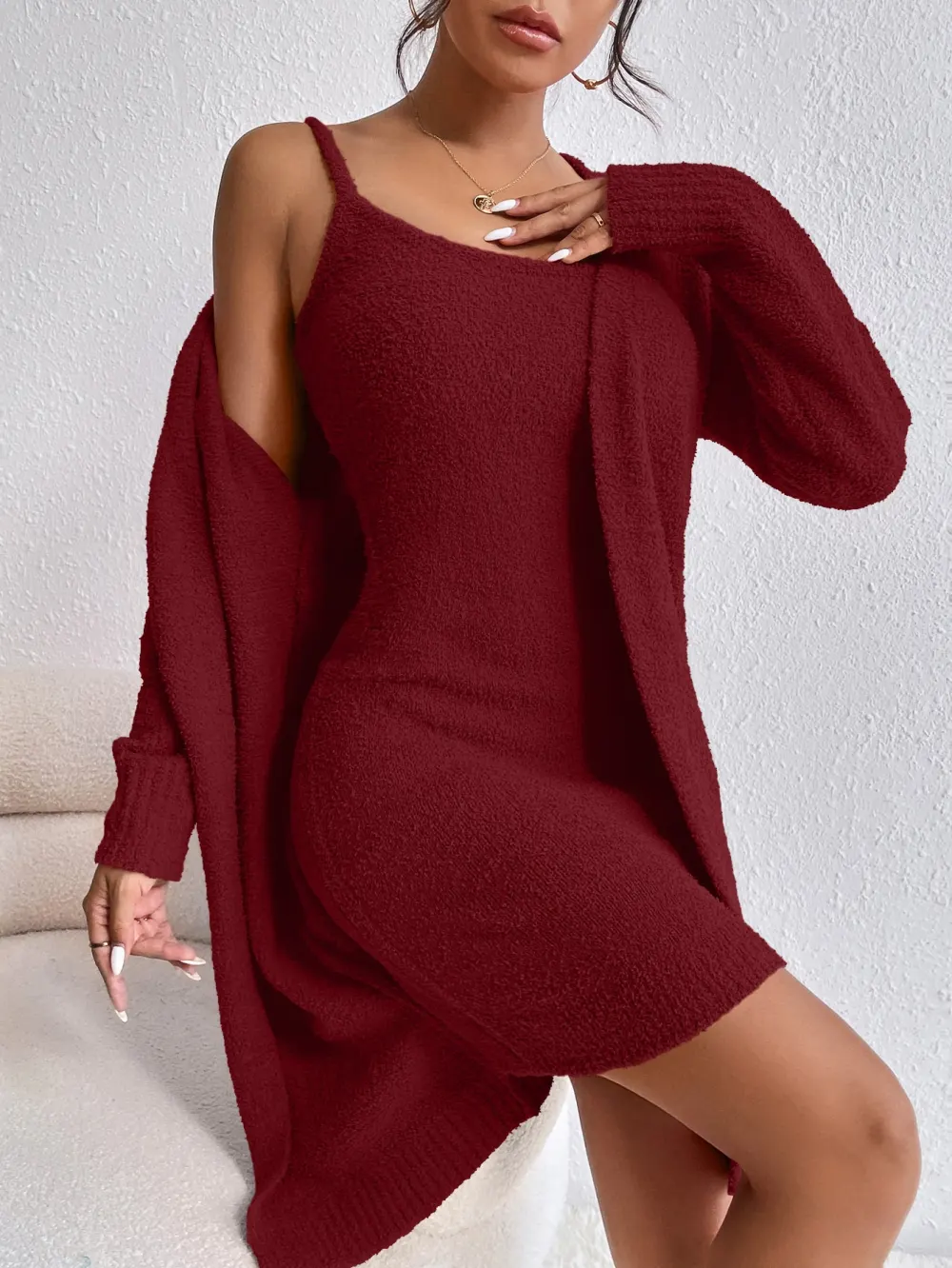 Solid Cami Sweater Dress & Drop Shoulder Cardigan