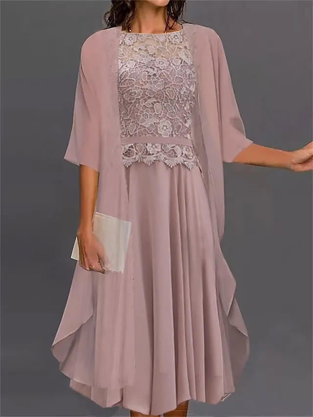 Women's Two Piece Dress Set Casual Dress Lace Dress Outdoor Daily Fashion Elegant Lace Embroidered Midi Dress Crew Neck 3/4 Length Sleeve Floral Regular Fit Pink Summer Spring S M L XL XXL
