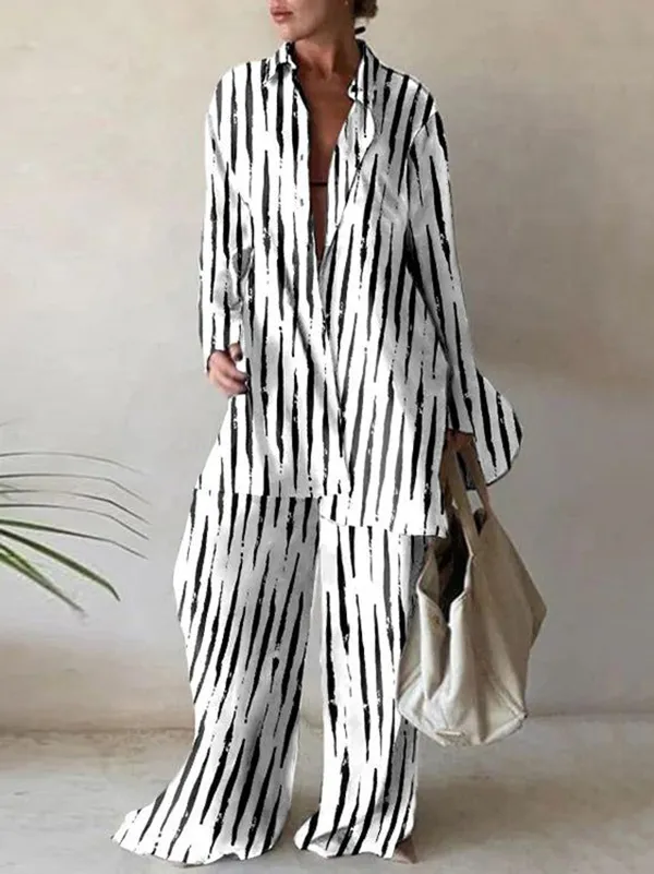 Urban Long Sleeves Wide Leg Printed Lapel Two Pieces Set