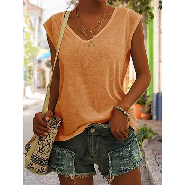 Women‘s Blouse T shirt Tee Basic Plain Daily V Neck Sleeveless Regular Summer Green White Black Blue Pink