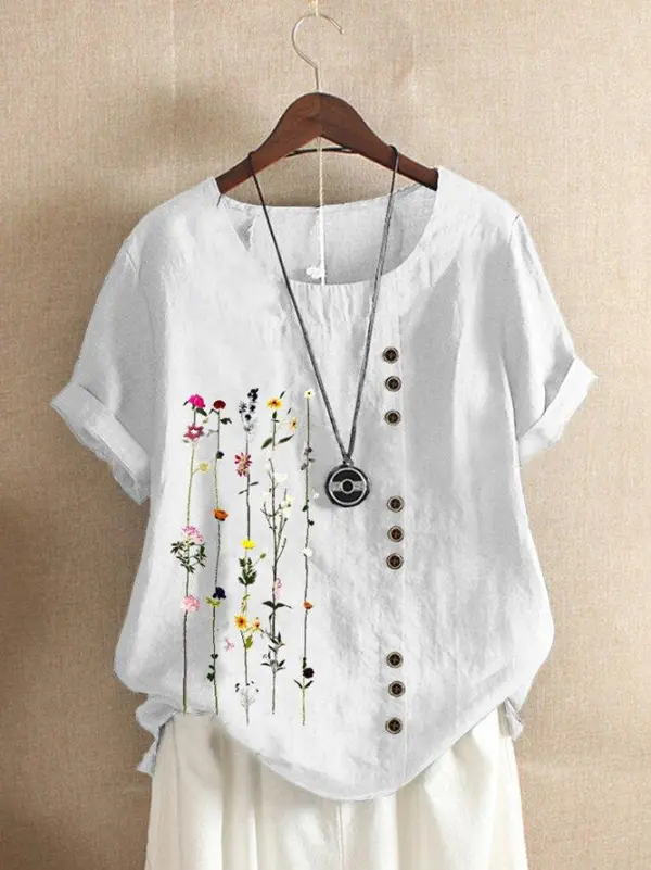 Vintage Short Sleeve Floral Printed Crew Neck Plus Size Casual Tops