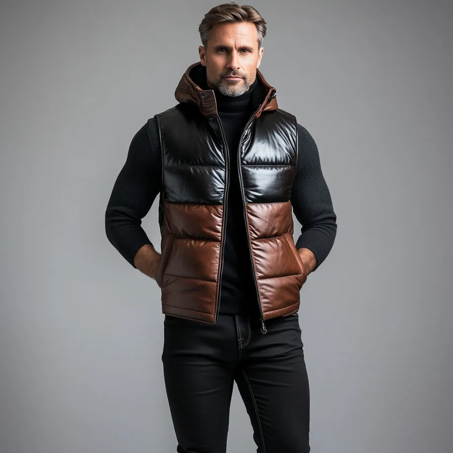 Men's PU Leather Color Block Slant Pocket Hooded Cotton-Padded Vest
