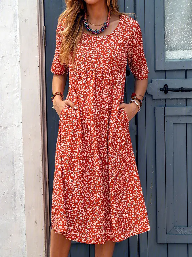 Floral Printed Crew Neck Pockets Short Sleeve Casual Midi Shirt Dress