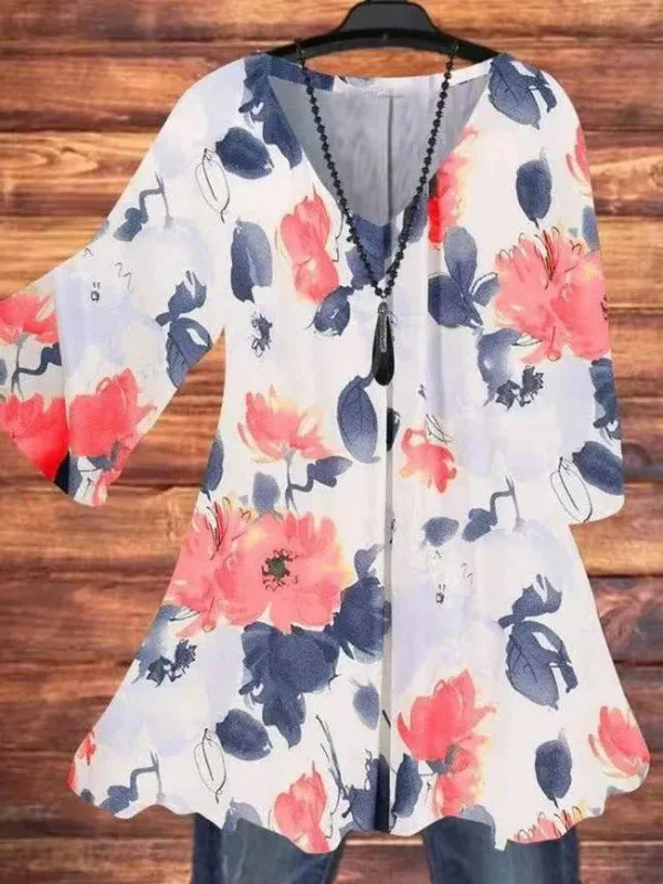 Women's T-Shirts Floral Print V-Neck Flared Sleeve T-Shirt（⚡Clearance Sale）