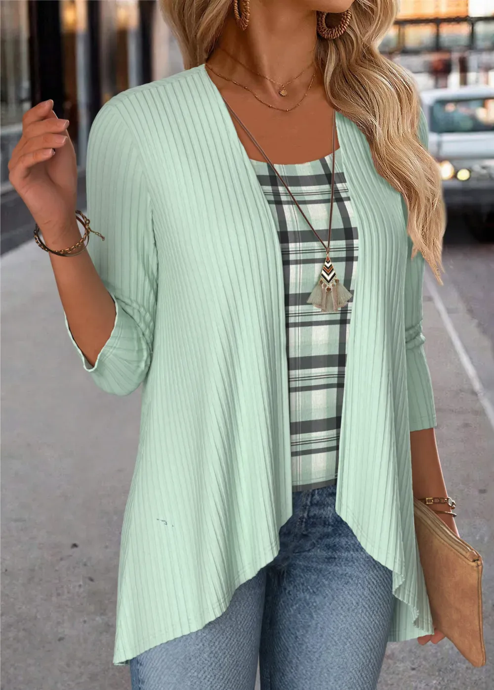 Mint Green Tummy Coverage Plaid Fake Two Piece Twinset