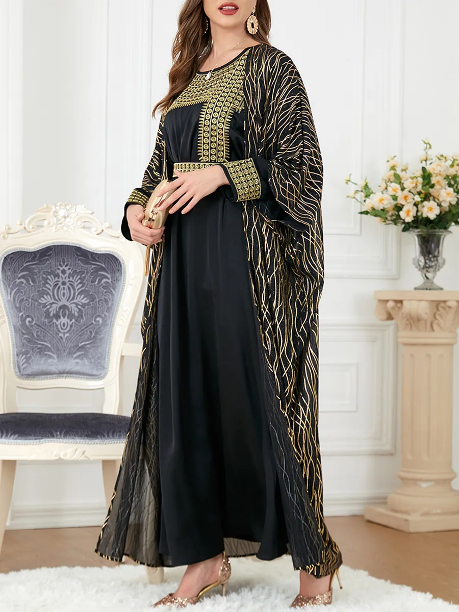 Round neck embroidery and gold stamping long sleeved dress cardigan two-piece set
