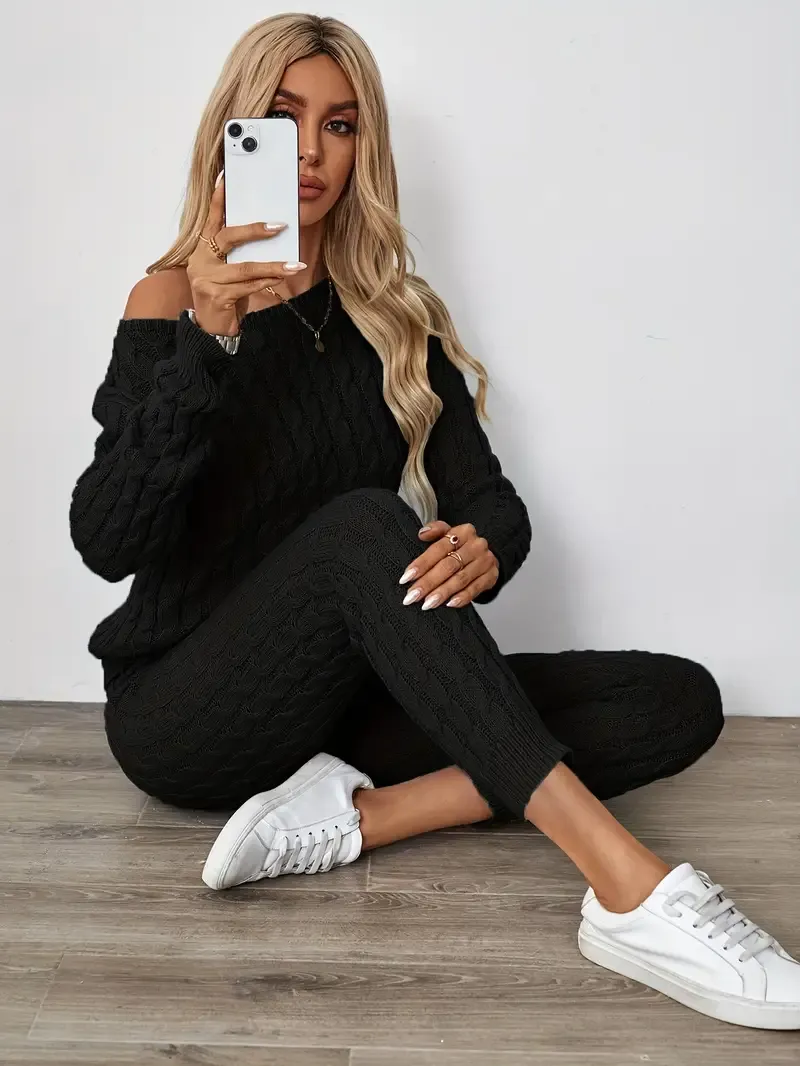 Solid Knitted Matching Two-piece Set, Casual Long Sleeve Sweater & Pants Outfits, Women's Clothing