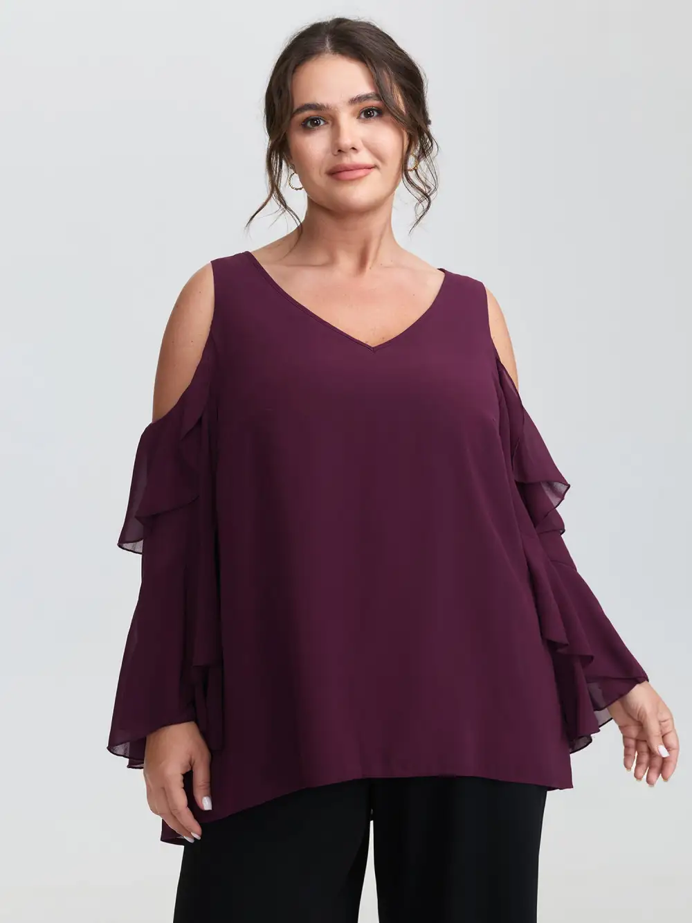 Ruffled Cut-Out Shoulder Flowy Blouse