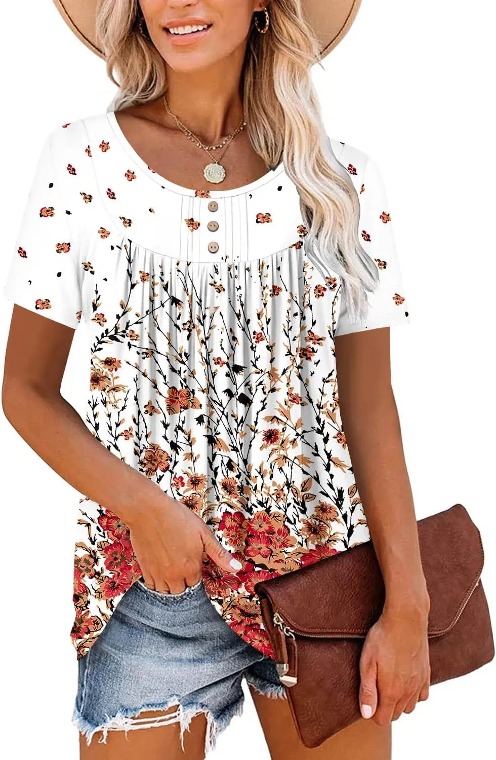 ✨Women's Summer Printed Pleated Crew Neck Tee