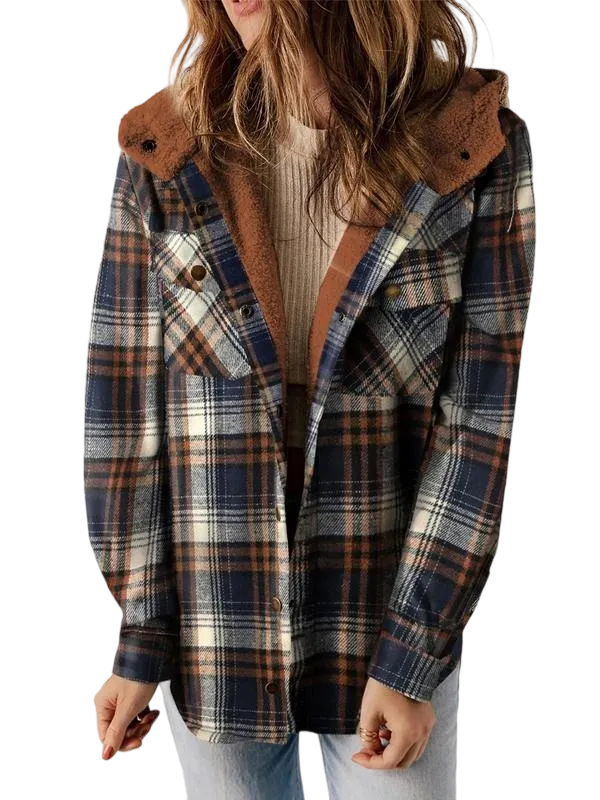 Women's Plaid/Houndstooth Button - Front Hooded Coat
