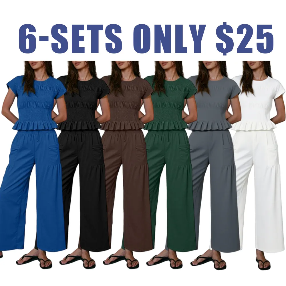 Women’s Smocked Top & Wide-Leg Pants Set – High-Waisted Lounge Outfit with Pockets