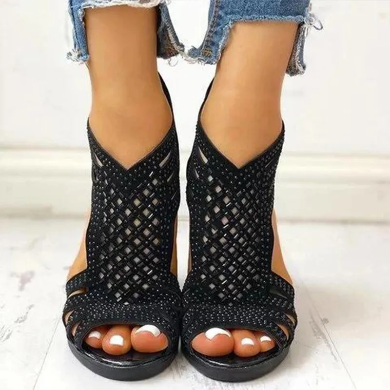 Women's fashion rhinestone cutout block heel sandals