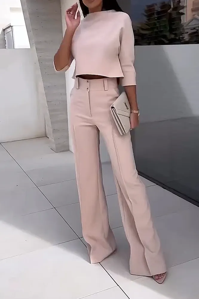 Women's solid color casual top and wide leg pants two-piece set