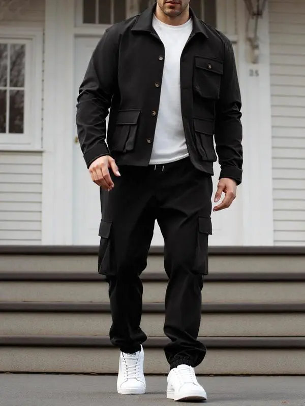 Men's Solid Color Pocket Button Front Jackets & Pants Two-Piece Set