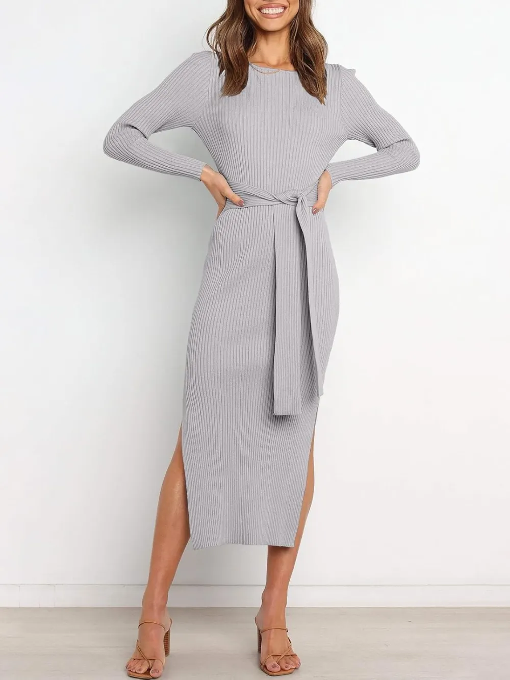 Long Sleeve Sweater Dress Crew Neck Slim Fit Slit Tie Waist 2024 Ribbed Knit Bodycon Midi Dress Fall Outfits